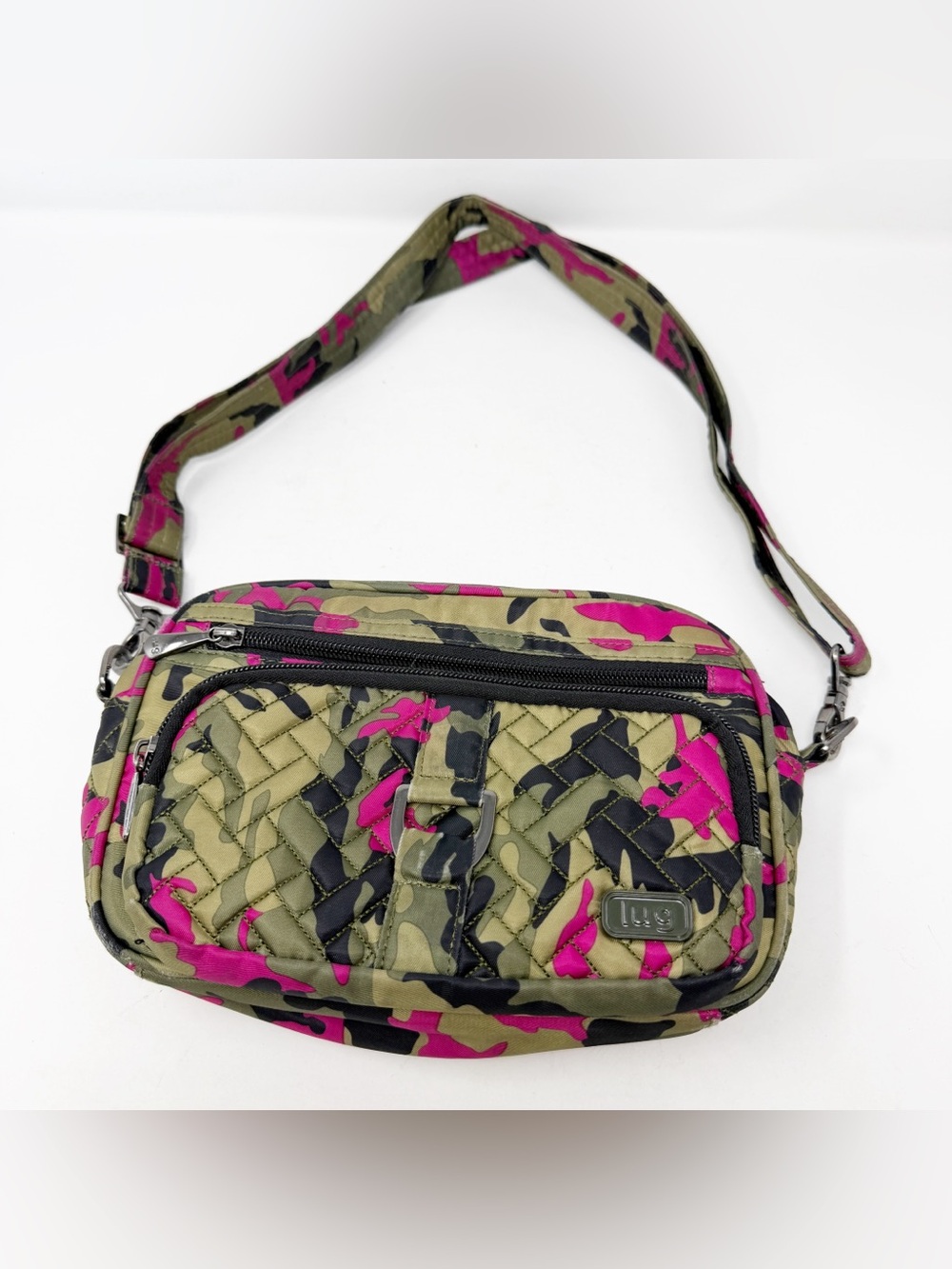 Lug Carousel Crossbody Belt Bag Camo Orchid Pink Green Quilted Nylon
